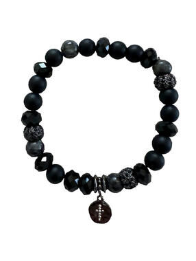 New in Box Black Beaded Stone Bracelet Crystal Cross Key Charms Stretch One Size